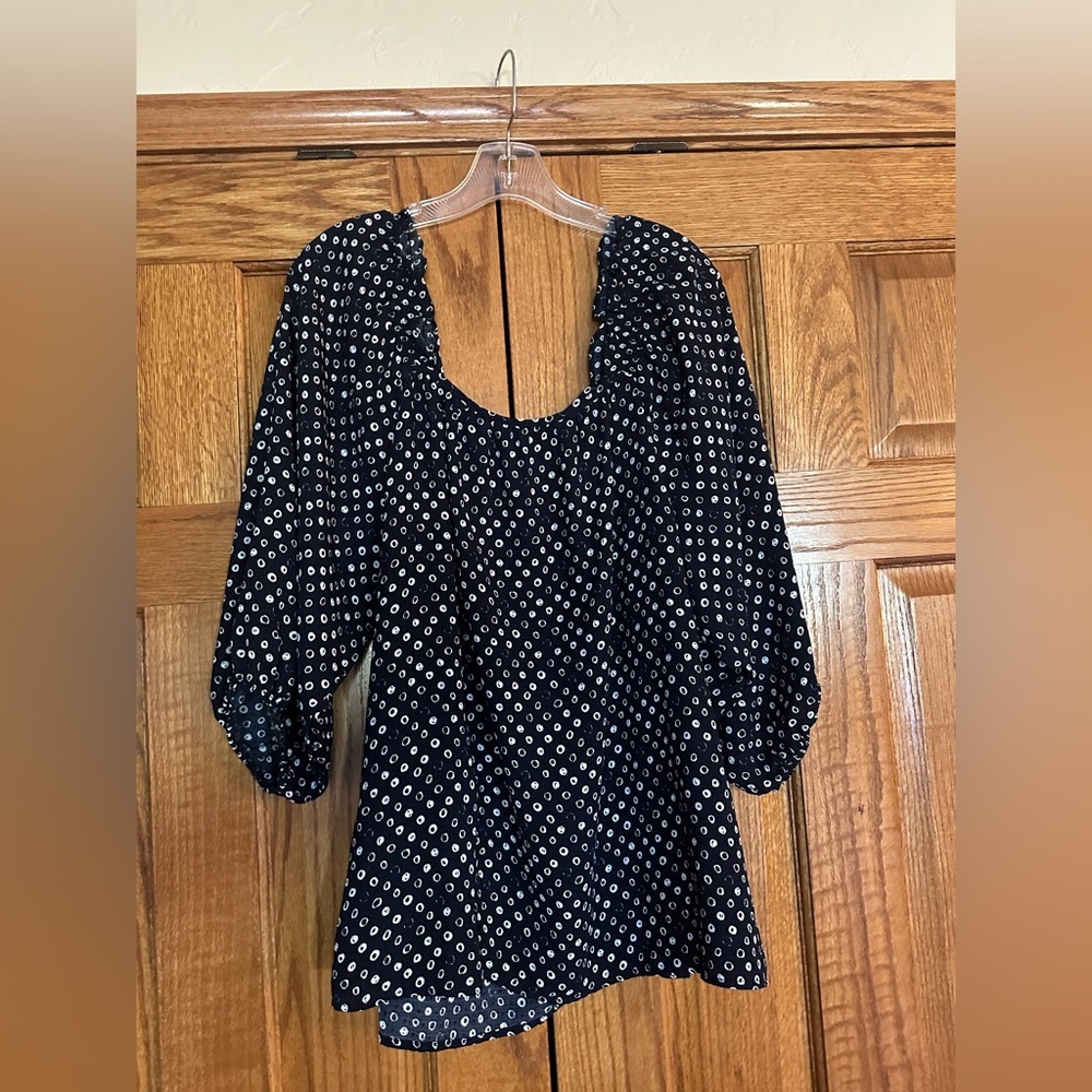 Adrienne Vittadini Navy Blue White Spotted Off Shoulder 3/4 Sleeves Size 2X